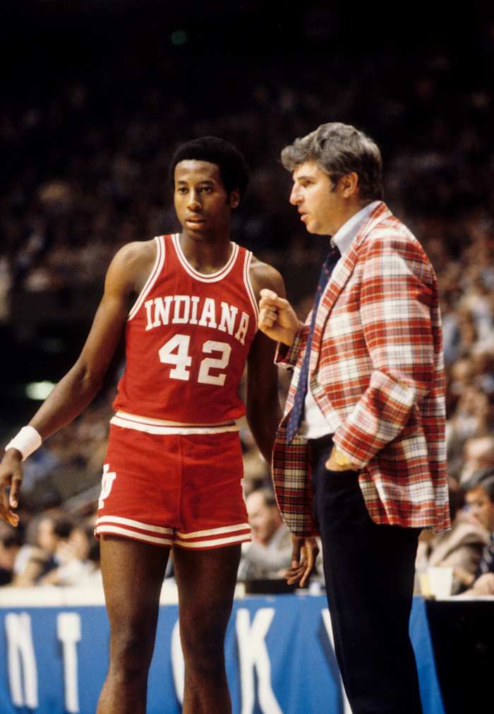 Dec 15, 1979; Lexington, KY, USA; FILE PHOTO; Indiana Hoosiers forward Mike Woodson (42) and head coach Bobby Knight talk on the sideline against the Kentucky Wildcats at Rupp Arena during the 1979-80 season.